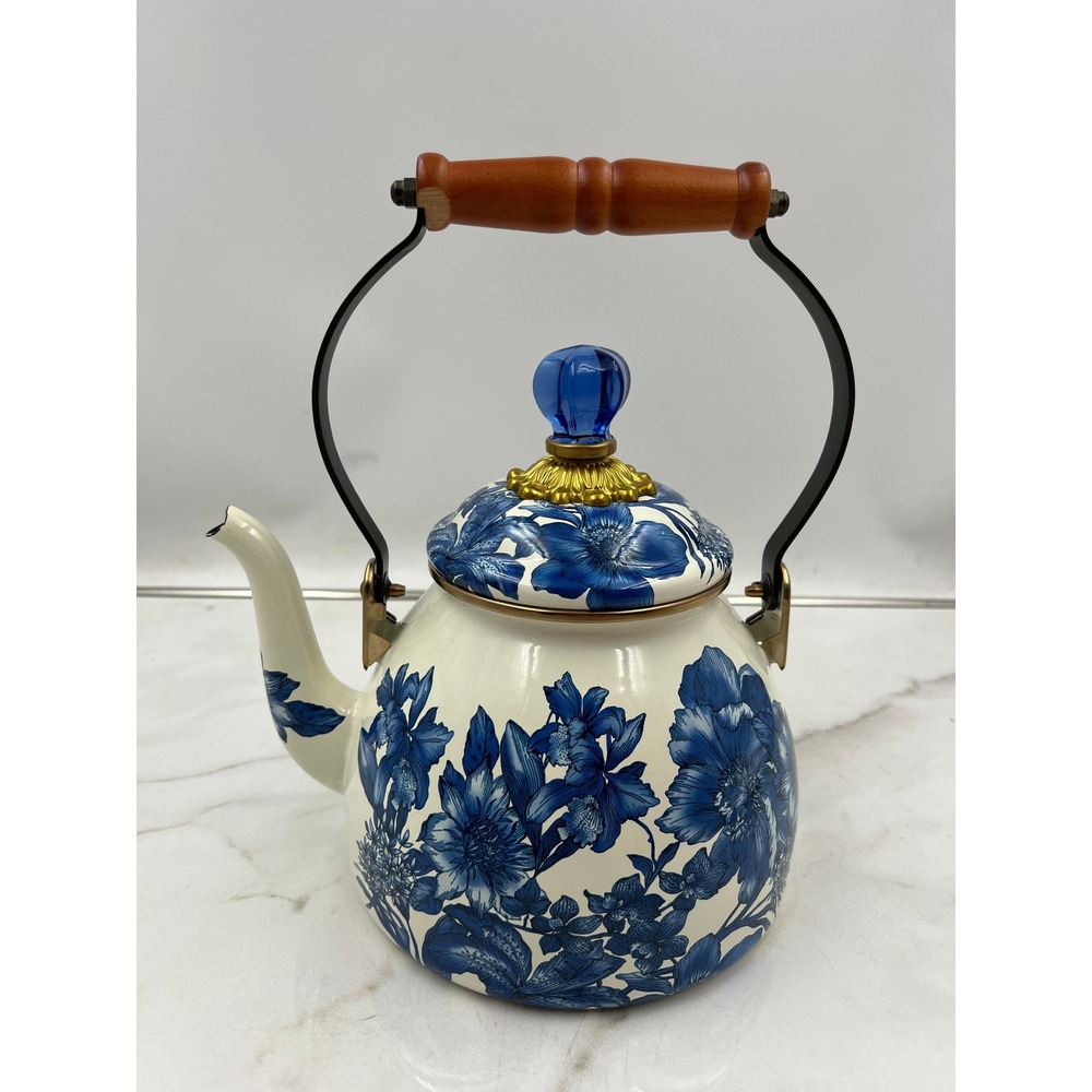 MacKenzie-Childs Tea Kettle Blue White Floral Wood Handle Royal Check Enamel